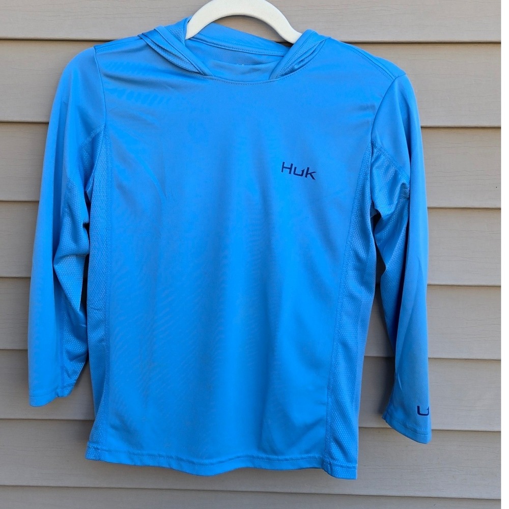 Huk Pursuit Fishing Hoodie Kids Medium Blue Long Sleeve Sun Shirt Mesh Back - Picture 1 of 7